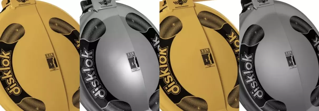 Disklok Gold Edition in geel en grijs. Afgebeeld zijn de vier beschikbare modellen in twee afmetingen smaal en medium