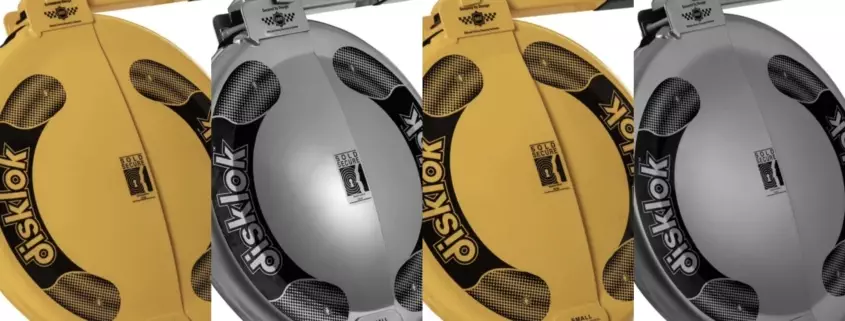 Disklok Gold Edition in geel en grijs. Afgebeeld zijn de vier beschikbare modellen in twee afmetingen smaal en medium